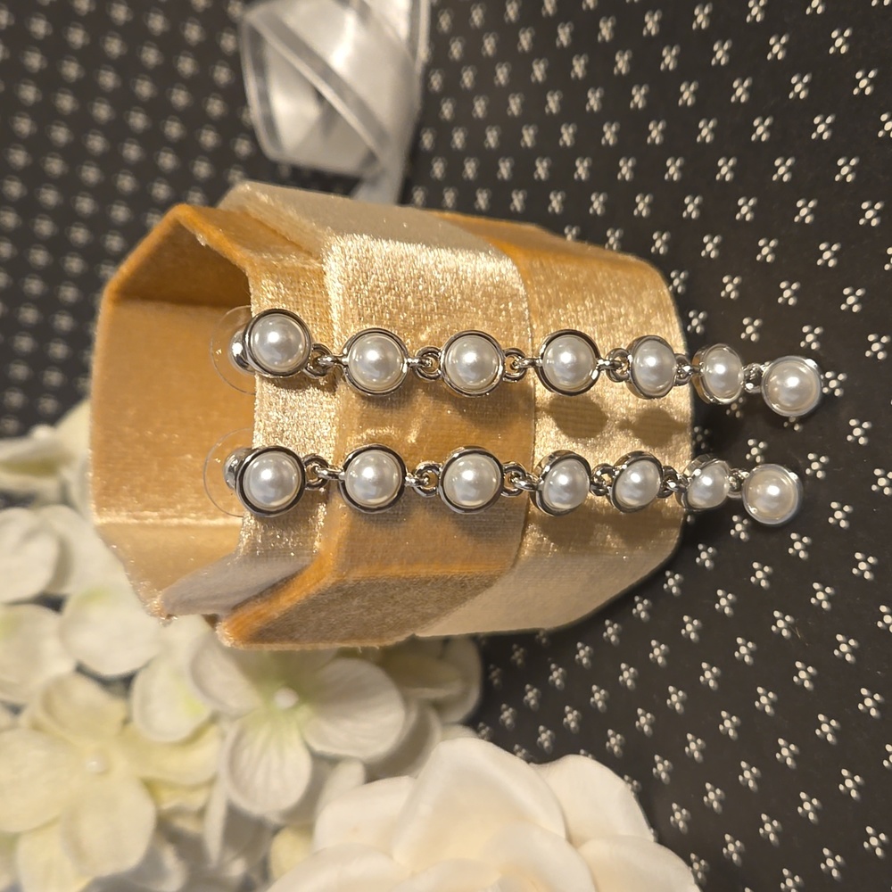 Vintage Bridal style Long Length Drop Pearl Chain Wedding Prom Formal Earrings - Picture 4 of 8